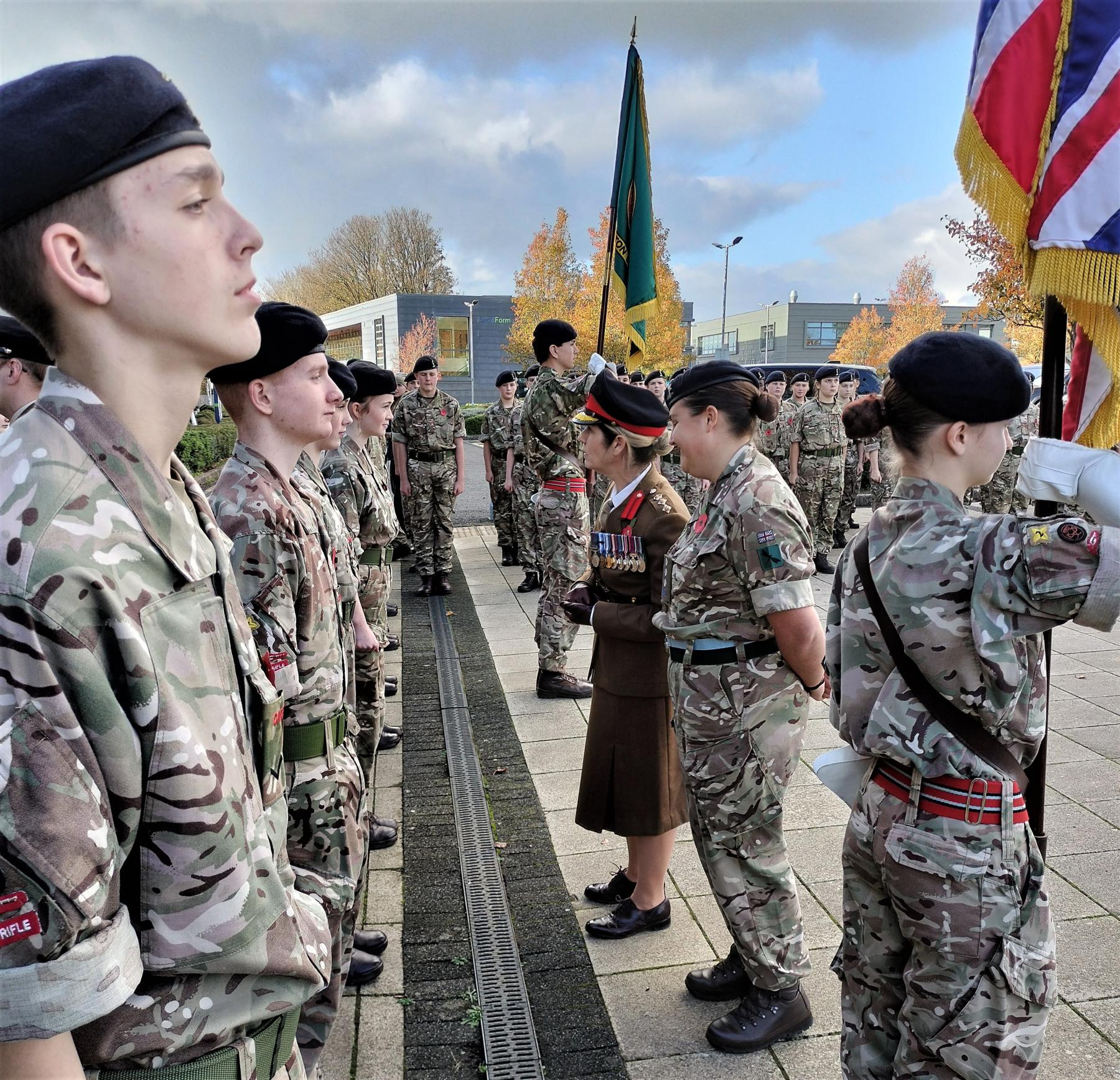 DEPUTY CORPS COL ACCOMPANIED BY CONTINGENT COMD CAPT CHARLOTTE MASON INSPECT CADETS ON THEIR AFFILIATION TO R SIGNALS IN RADSTOCK 8 NOV 25